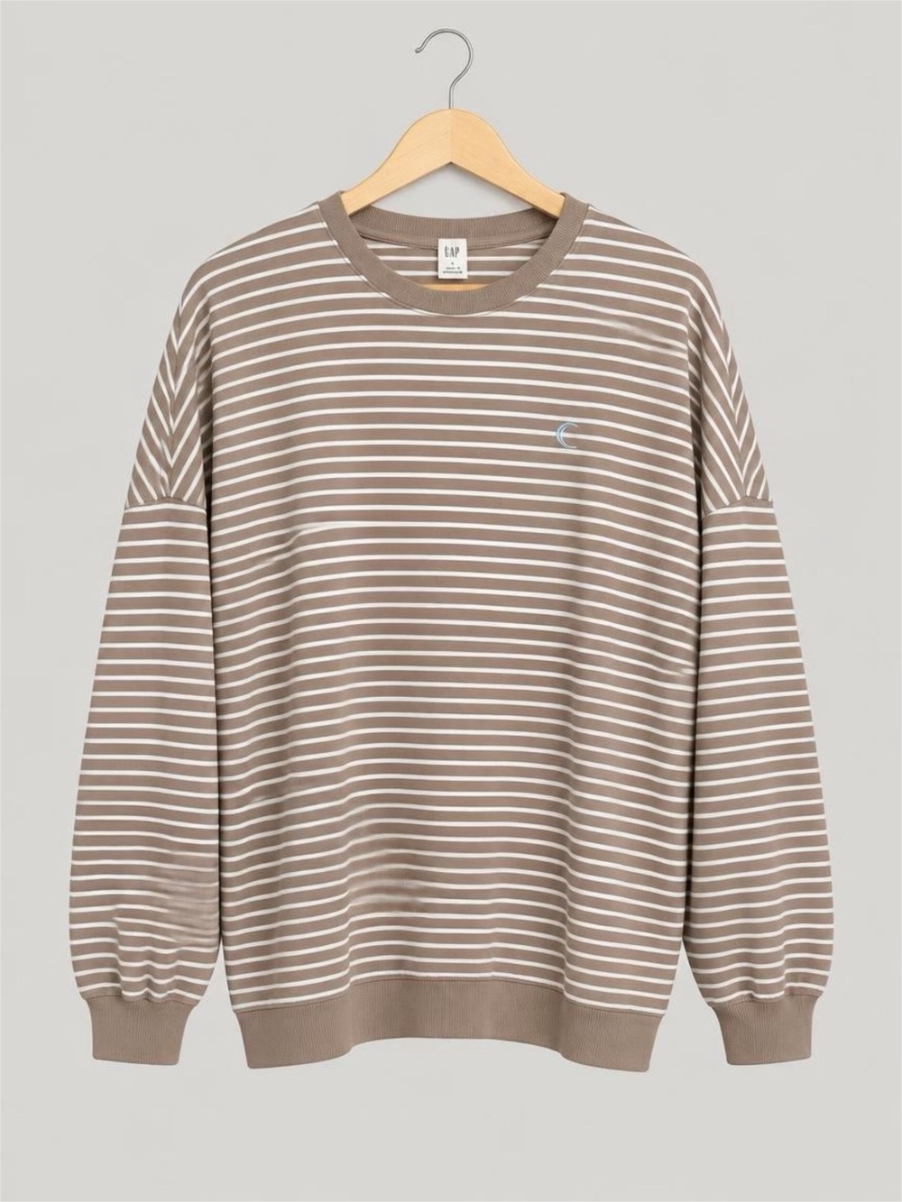 ZYIA Taupe and White Striped Crewneck Sweatshirt - L